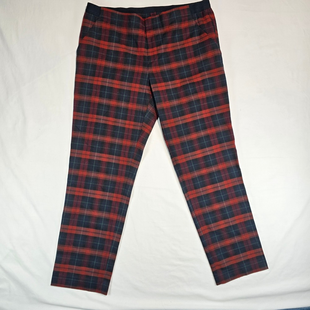 Uniqlo EZY Ankle Pants Mens Large Red Navy Plaid Tartan Tapered Trousers 131577